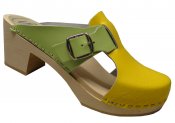 Vitsippa - Yellow & Green leather on a natural high (7 cm) base