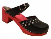 Doris - Black leather on a red high (7 cm) base, Dalanna style with silver rivets