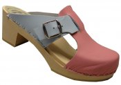 Vitsippa - Pink & light blue leather on a natural high (7 cm) base