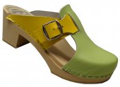 Vitsippa - Green & yellow leather on a natural high (7 cm) base
